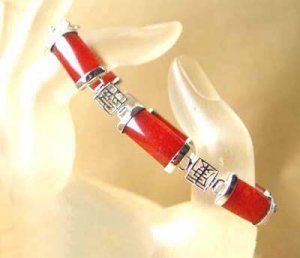 Rare sterling silver red jade inlay bangle bracelet