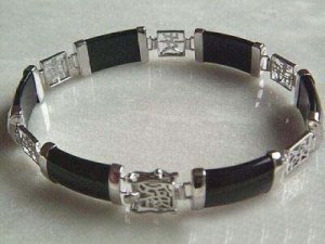 Fancy silver chain link gem black jade bracelet