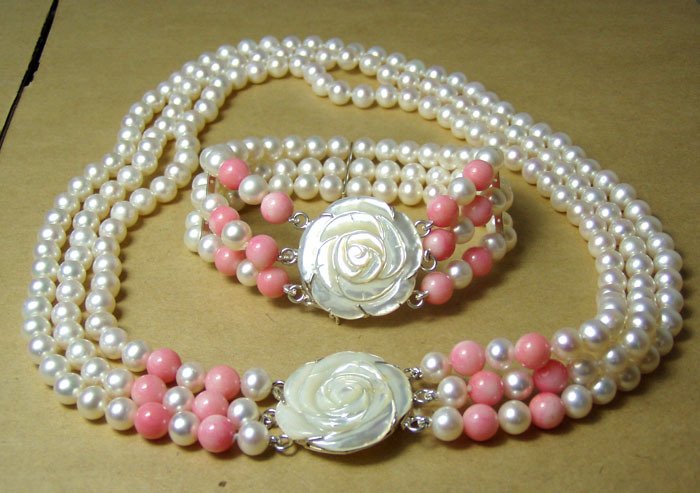 3 Rows 8MM Pearl Pink Coral Necklace Bracelet