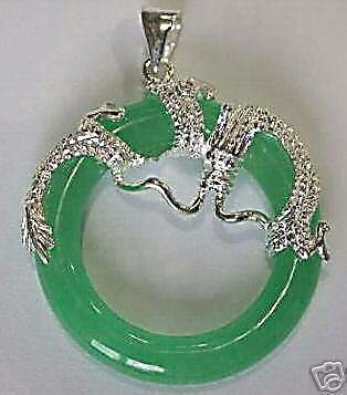 Beautiful Silver dragon Green Jade Pendant necklace