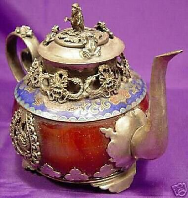 Tibetan old red jade porcelain Silver monkey teapot