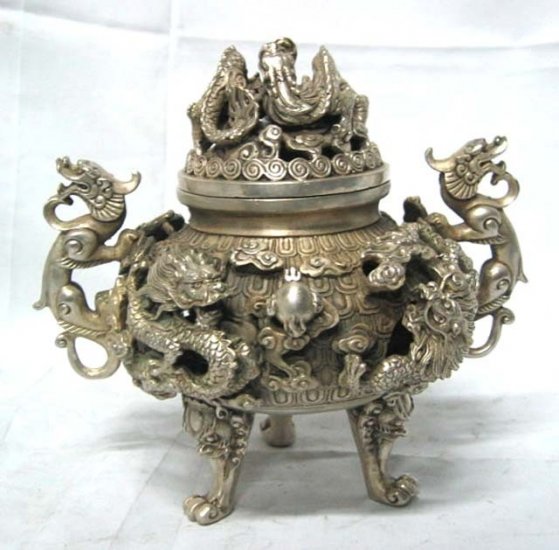 Rare exquisite Tibet silver dragon censer