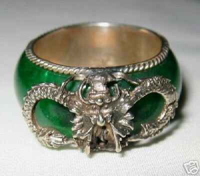 vintage tibet silver dragon green jade ring