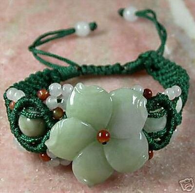 Unique green jade carved flower bangle bracelet