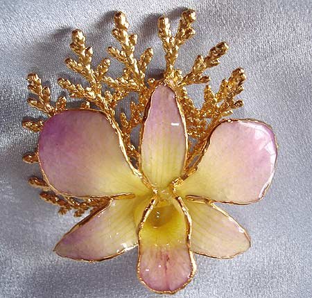 Lacquered and 24 karat gold-plated Real Orchid brooch