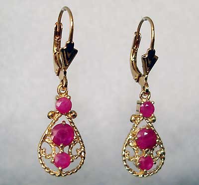 Lever-back genuine RUBY gold filigree earrings