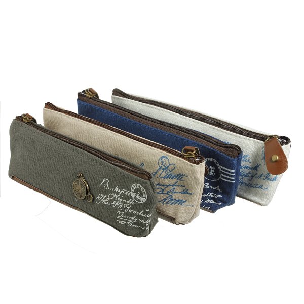 Retro Eiffel Tower Canvas Bronze Button Pencil Pen Case