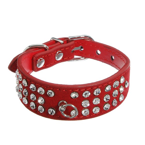 Pet Puppy Dog Suede Leather 3 Rows Diamante Crystal Rhinestone Collar