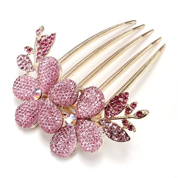Flower Pattern Alloy Rhinestone Crystal Barrette Hair Clip Comb