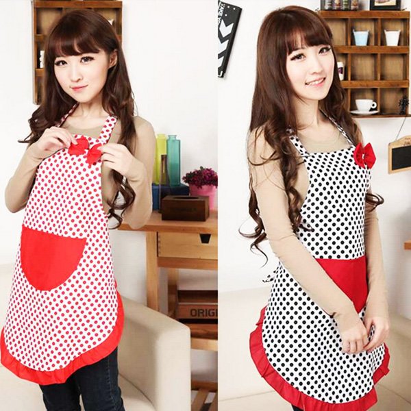 Cute Lady Polka Dot Apron Cooking Kitchen Bib Bow Pocket
