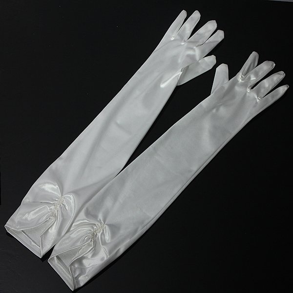 Satin Bead Pearl Ruched Long Elbow Finger Bride Wedding Gloves