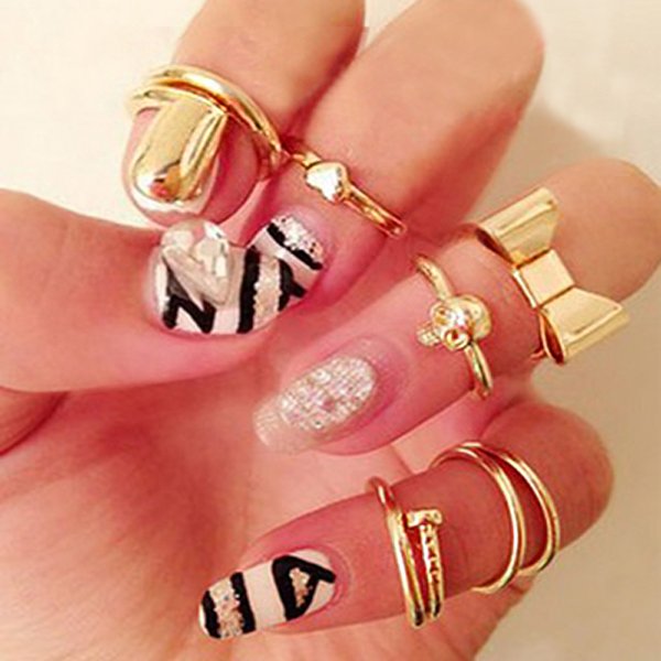 7pcs Gold Alloy Heart Bowknot Skull Joint Ring Nail Ring Jewelry