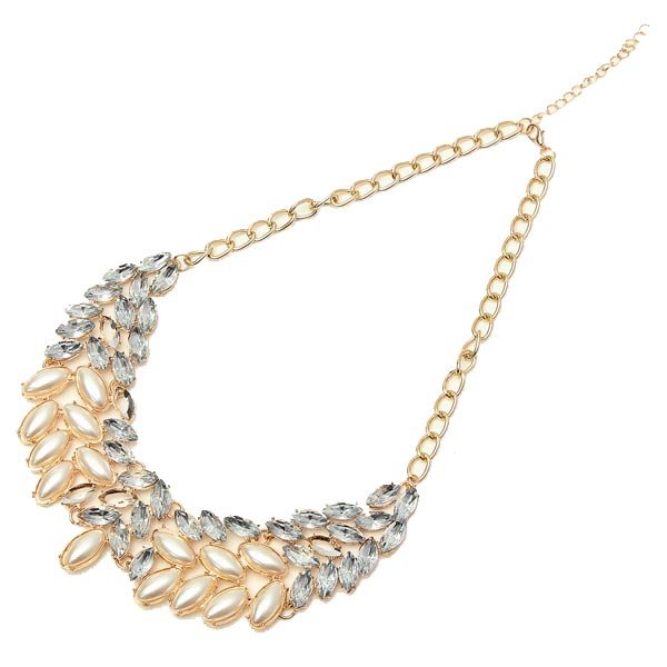Pearl Crystal Rhinestone Collar Statement Necklace Gold Plated Chain