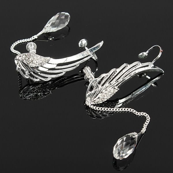 Angel Wings Crystal Drop Ear Clips Rhinestone Women Earrings