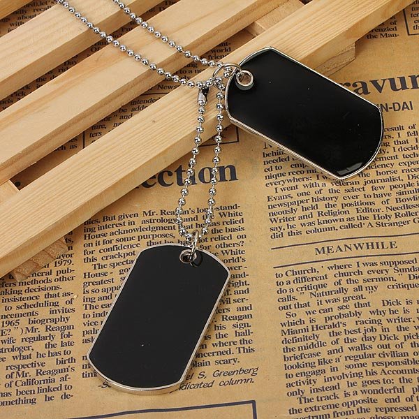 Men Army Style Black 2 Dog Tags Pendant Necklace Ball Chain