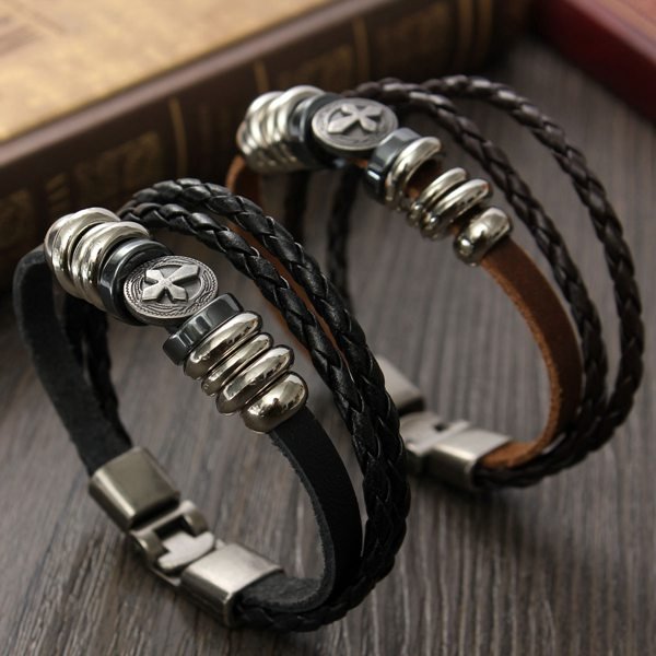 Punk Multilayer Cross Braided Charm Leather Wrap Bracelet Unisex