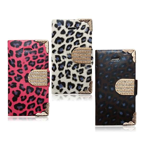 Luxury Design Crystal Diamond Leopard PU Leather Case For iPhone 4 4S