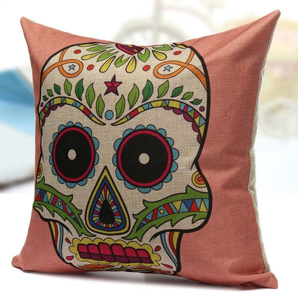 Colorful Cotton Linen Square Skull Pillow Case Sofa Back Cushion Cover