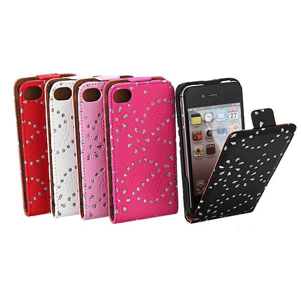 iPhone 4 4S Bling Diamond Flower Magnet Flip Leather Pouch Cover Case