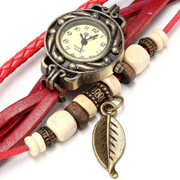Vintage Weave leaf Leather Women Bangle Bracelet Quartz Wrist Watch