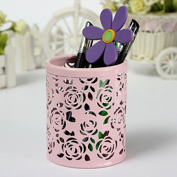 Hollow Out Rose Metal Round Brush Pot Pen Container 4 Colors