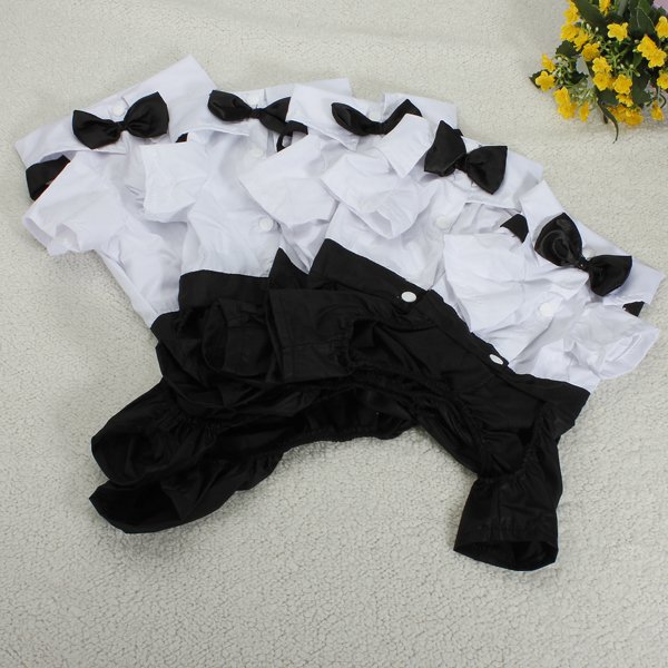Pet Dog Tuxedo Suit Bow Tie Collared Puppy Shirt Wedding Outfit
