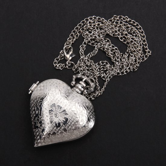 Silver Heart Shape Quartz Pocket watch Necklace Chain