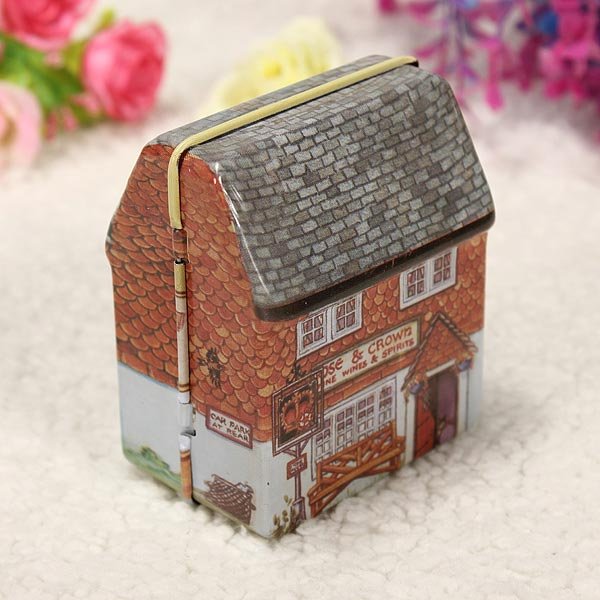 1Pc Mini Full Painted Small House Tin Box Jewelry Storage Box