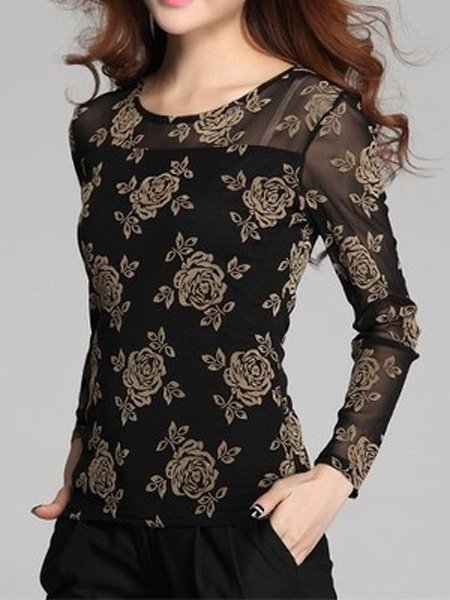 Vintage Floral Elegant Women Long Sleeve Chiffon Blouse