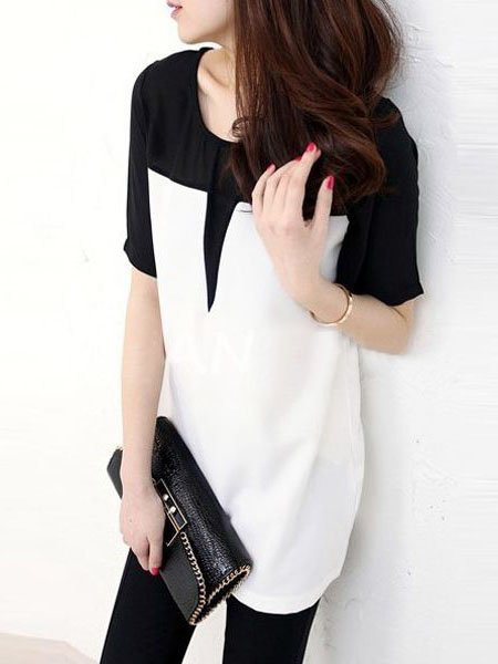 New Fashion Splicing Color Short Sleeve Chiffon Blouses Mini Dress