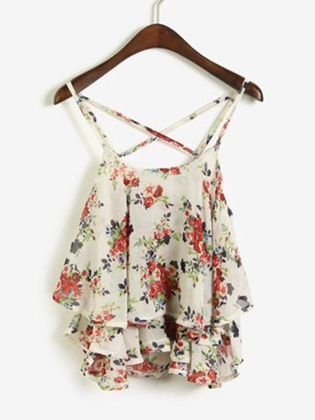 Women Floral Printed Cross Halter Flounced Chiffon Tank Top