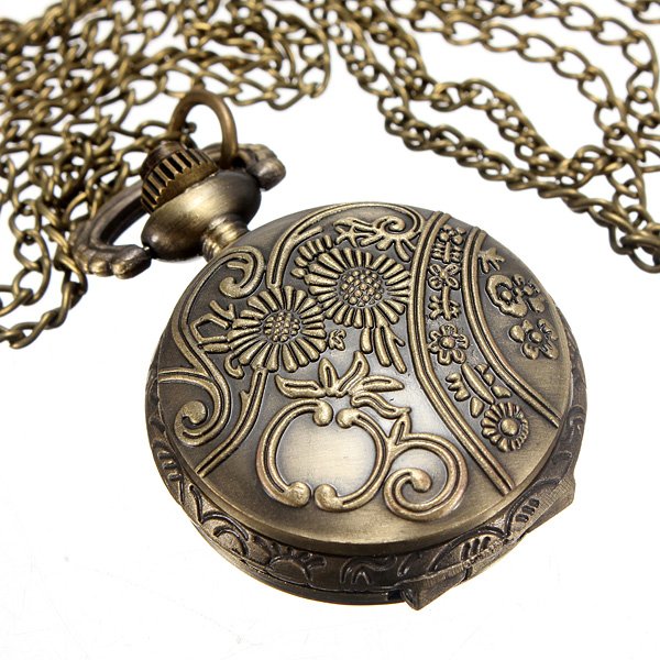Vintage Bronze Hollow Flower Key Star Pendant Quartz Pocket Watch