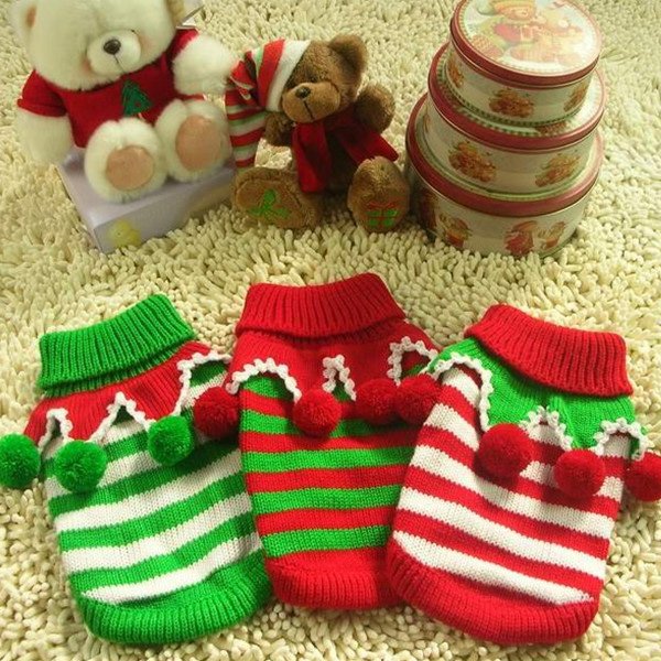 Christmas Red Green Stripes Wool Ball Turtleneck Dog Sweater