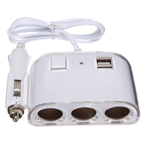 Car Cigarette Lighter Double USB Charger Blue LED Lamp Three Sockets
