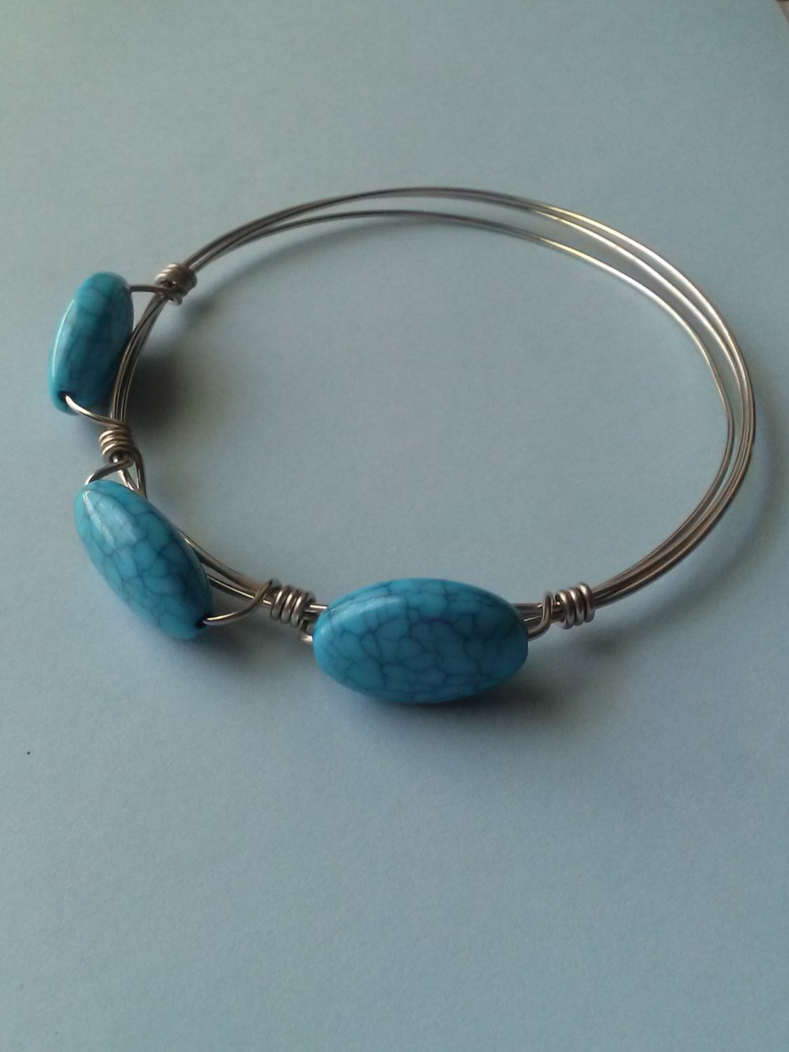Wire-wrapped Blue Acrylic Bead Bangle Bracelet