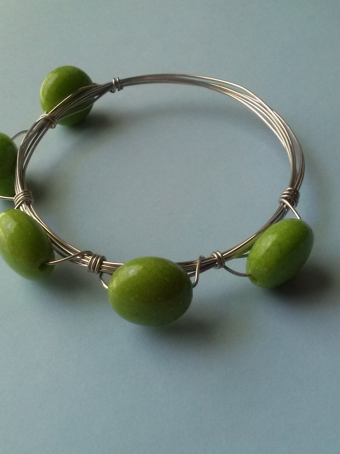 Wire-wrapped Green Acrylic Bead Bangle Bracelet