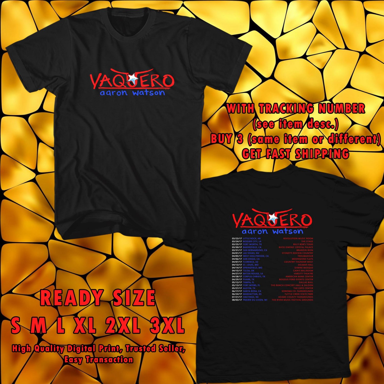 NEW AARON WATSON VAQUERO TOUR 2017 black TEE W DATES DMTR