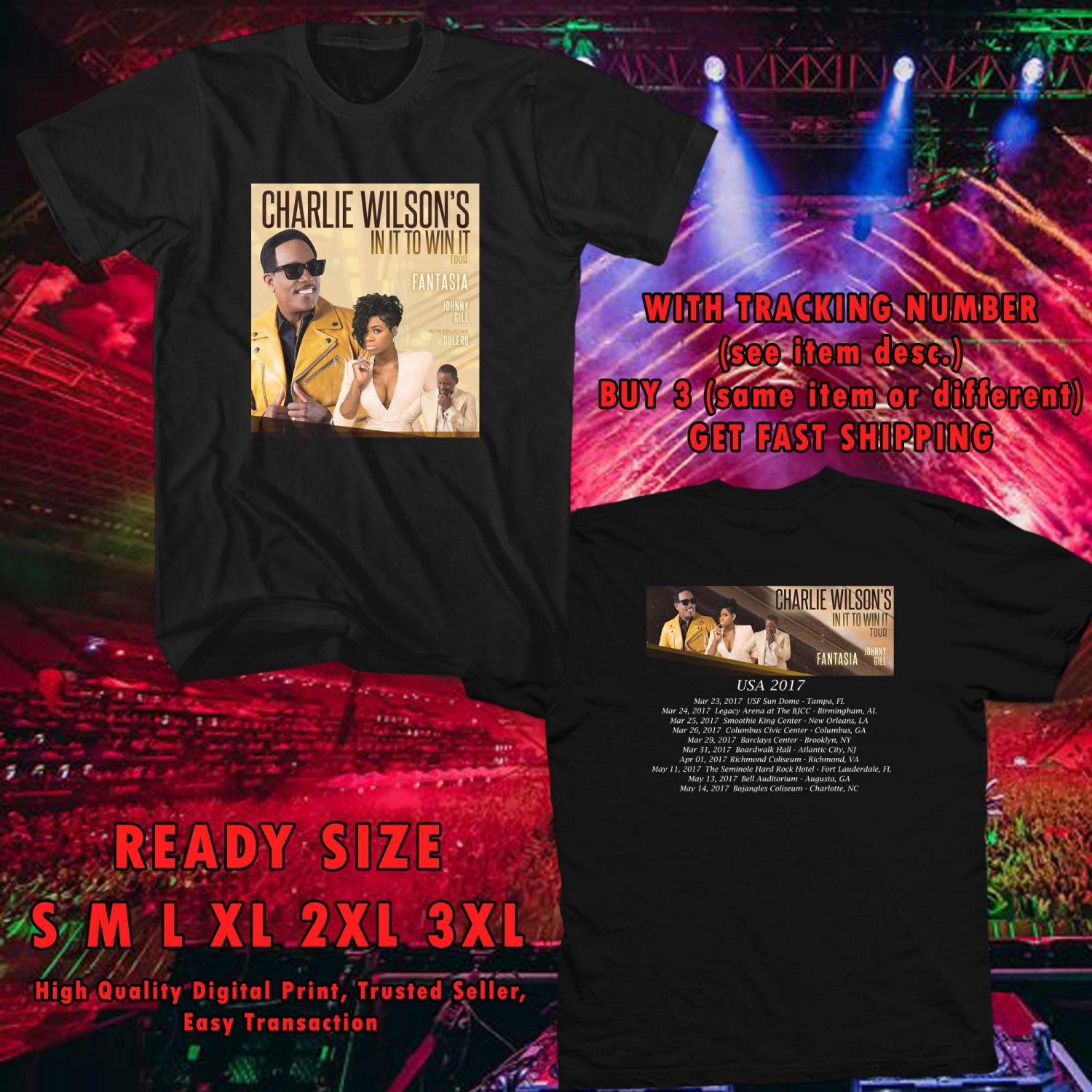 NEW CHARLIE WILSON IN IT TO WIN IT TOUR 2017 black TEE W DATES DMTR 221