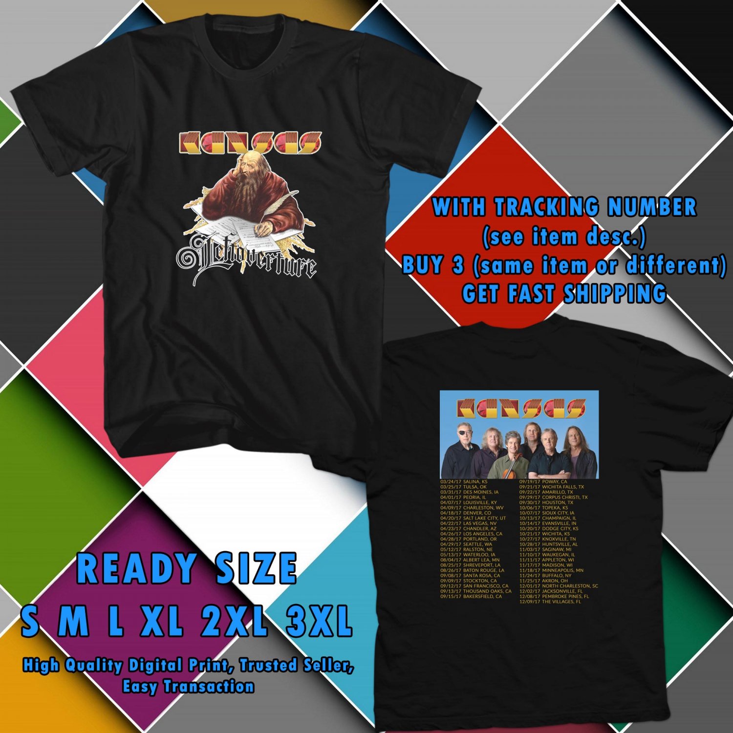 NEW KANSAS BAND USA TOUR 2017 black TEE W DATES DMTR