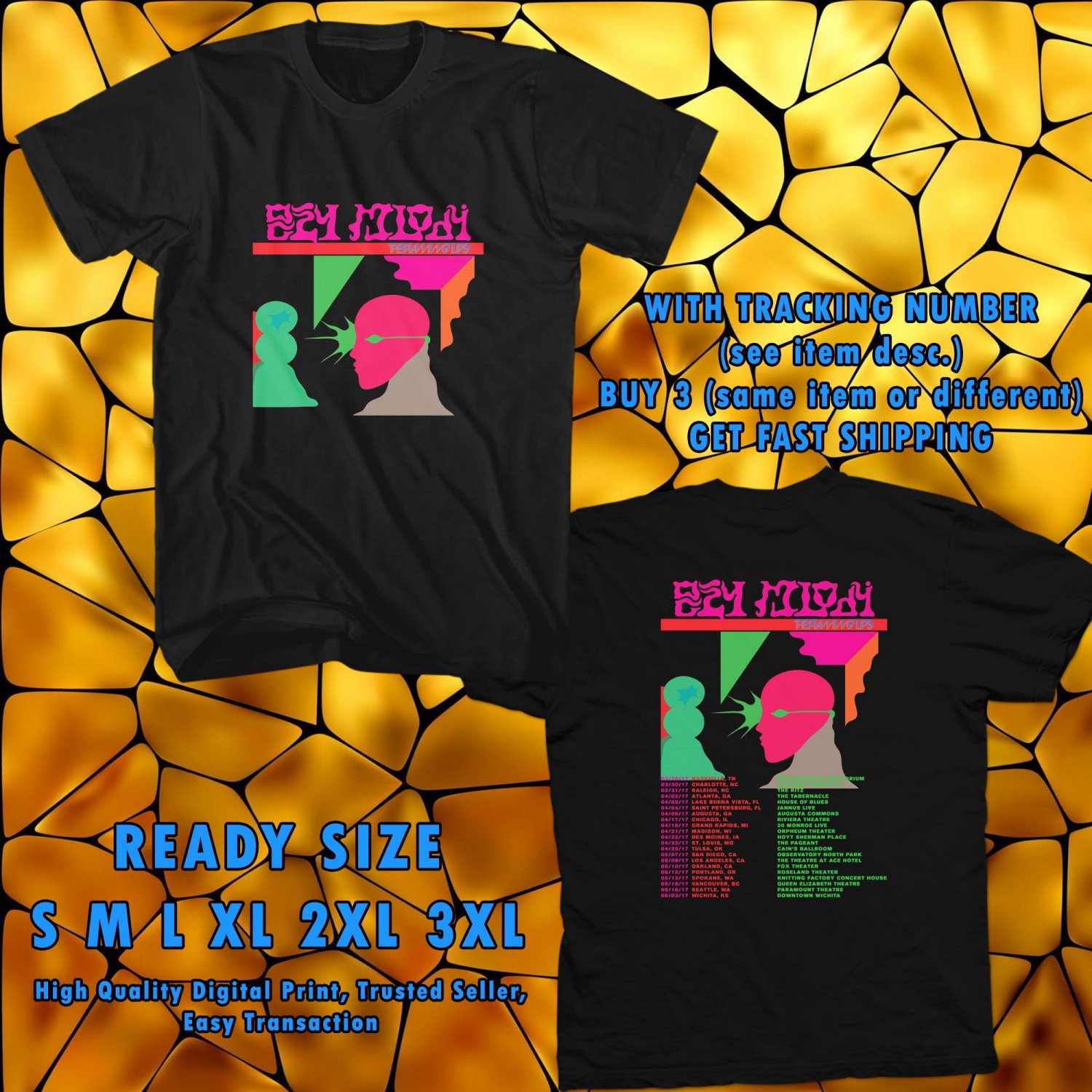 NEW THE FLAMING LIPS TOUR 2017 black TEE W DATES DMTR
