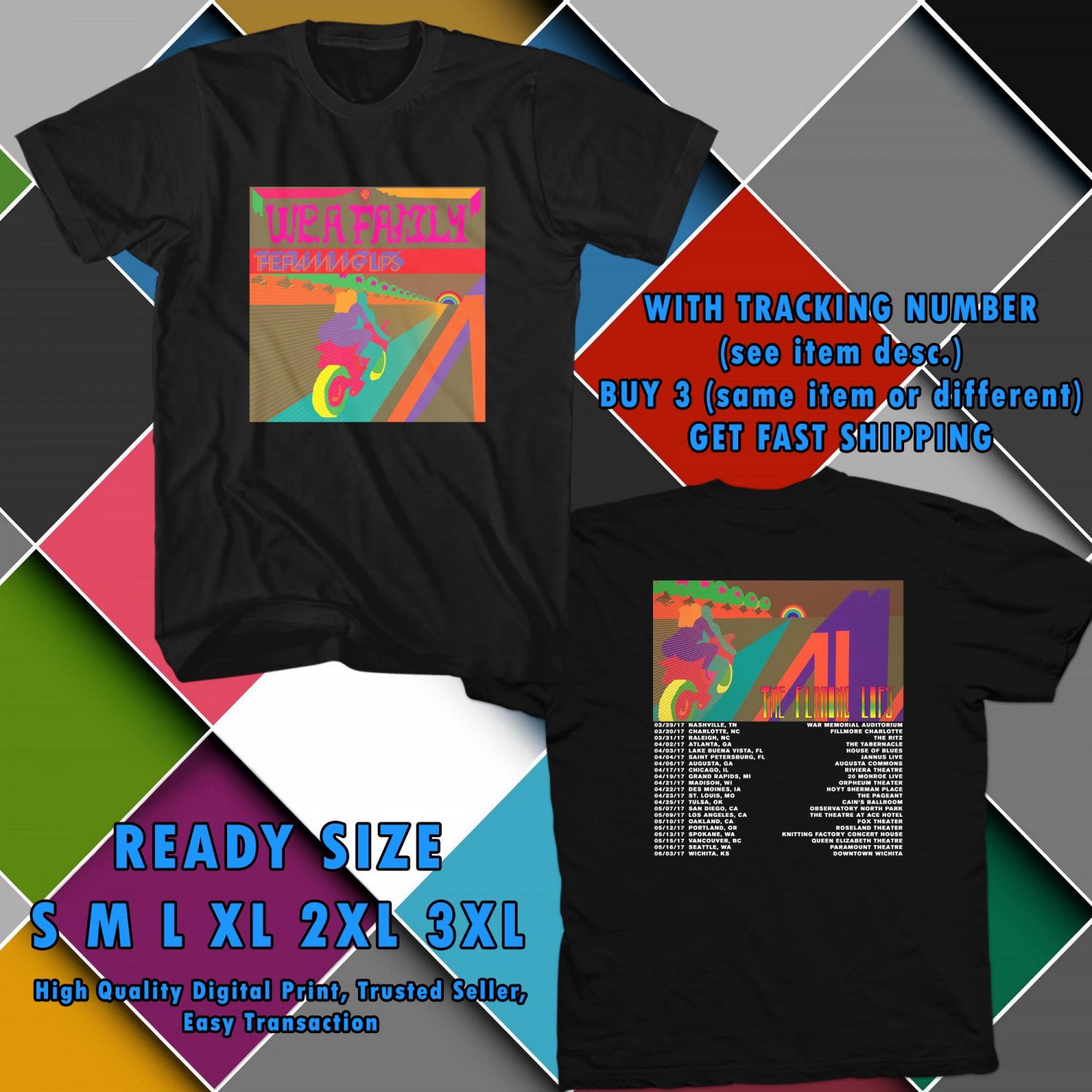 NEW THE FLAMING LIPS TOUR 2017 black TEE W DATES DMTR 443