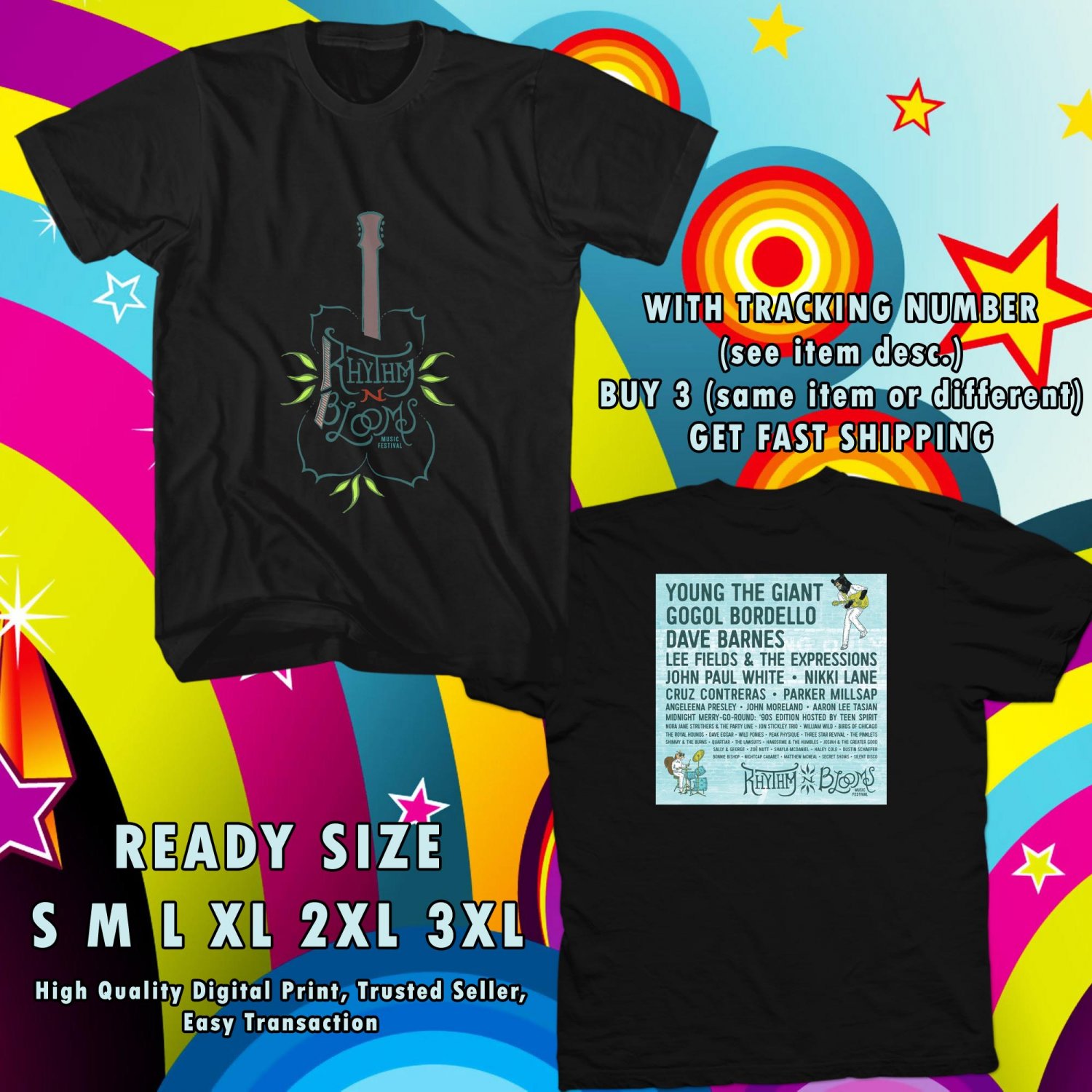 NEW RHYTHM AND BLOOMS FETIVAL APR 2017 black TEE W DATES DMTR