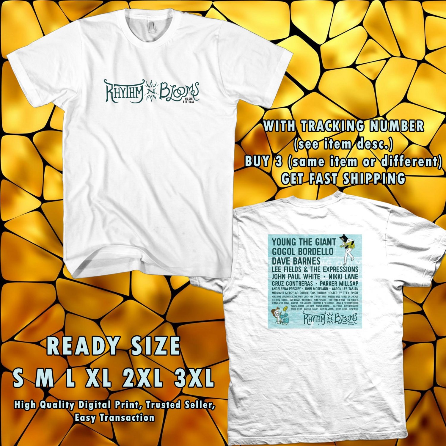 NEW RHYTHM AND BLOOMS FETIVAL APR 2017 WHITE TEE W DATES DMTR