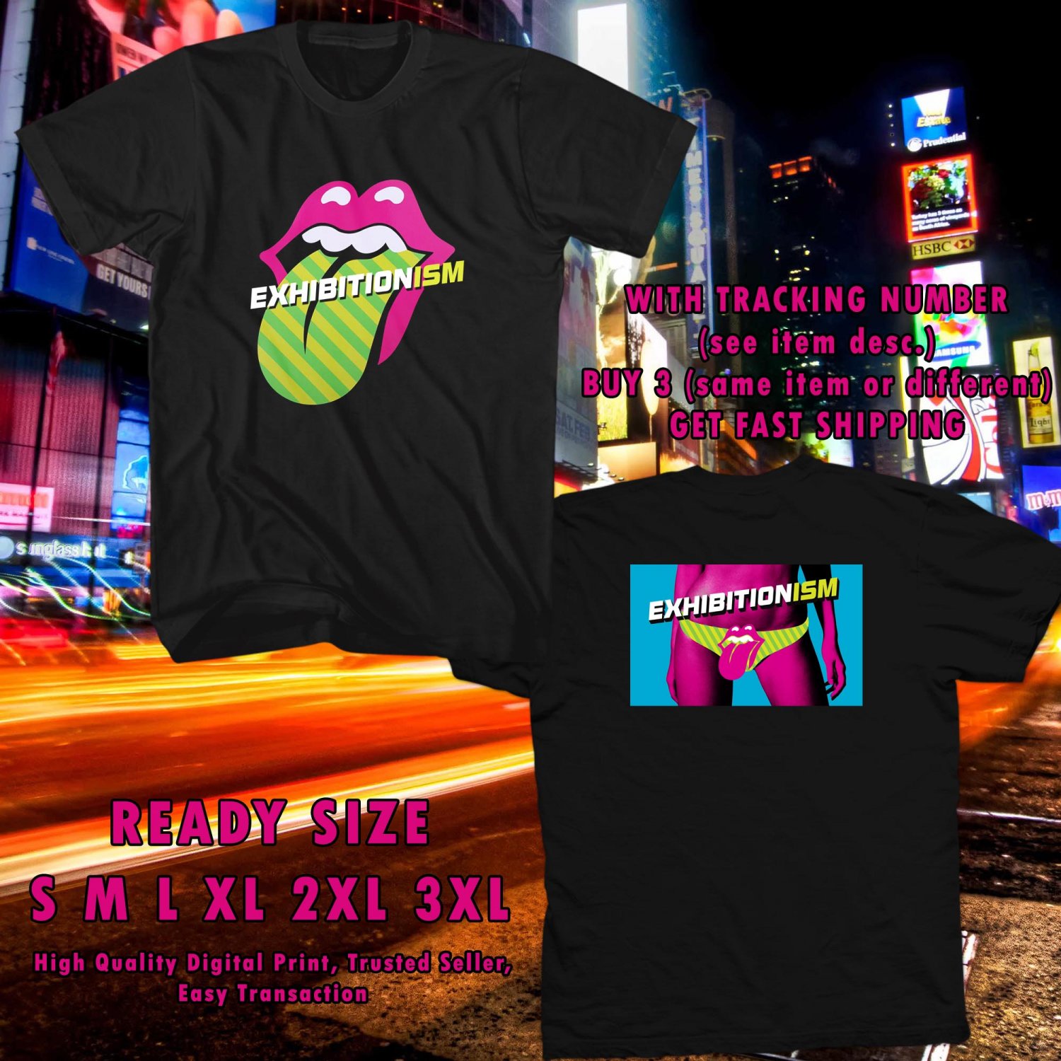 NEW EXHIBITIONISM ROLLING STONES 2017 black TEE W DATES DMTR