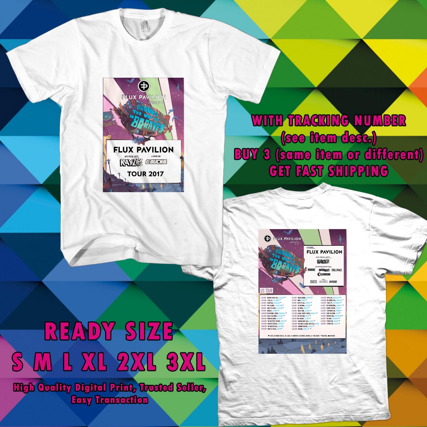 NEW FLUX PAVILION ROUND THE WORLD IN 80 RAVES TOUR 2017 WHITE TEE W DATES DMTR