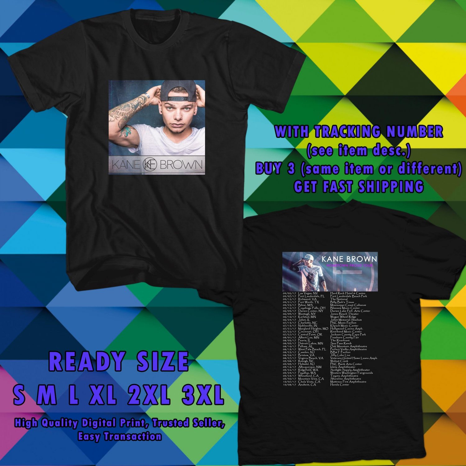 NEW KANE BROWN HOMETOWN PROUD TOUR 2017 black TEE W DATES DMTR
