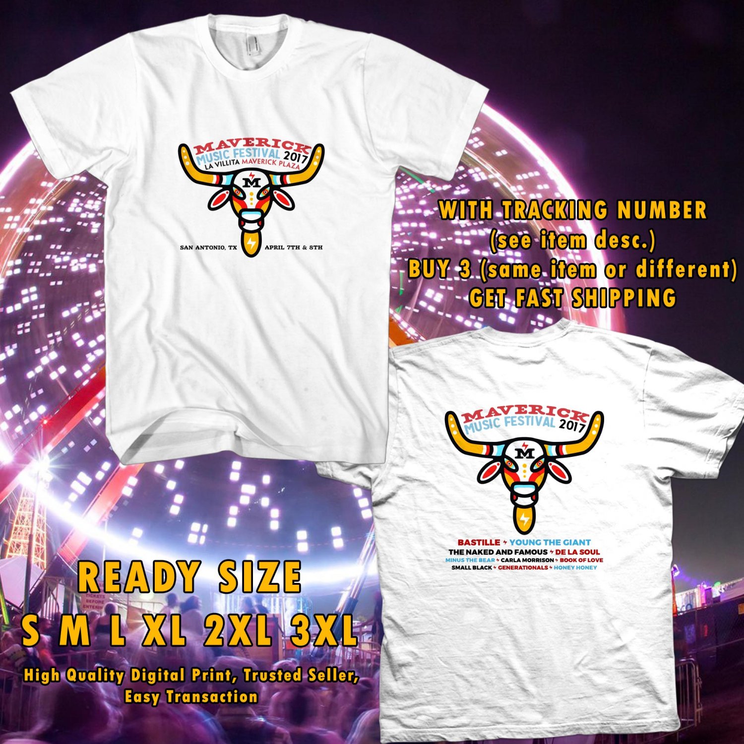 NEW MAVERICK MUSIC FESTIVAL APR 2017 WHITE TEE 2SIDE DMTR 332