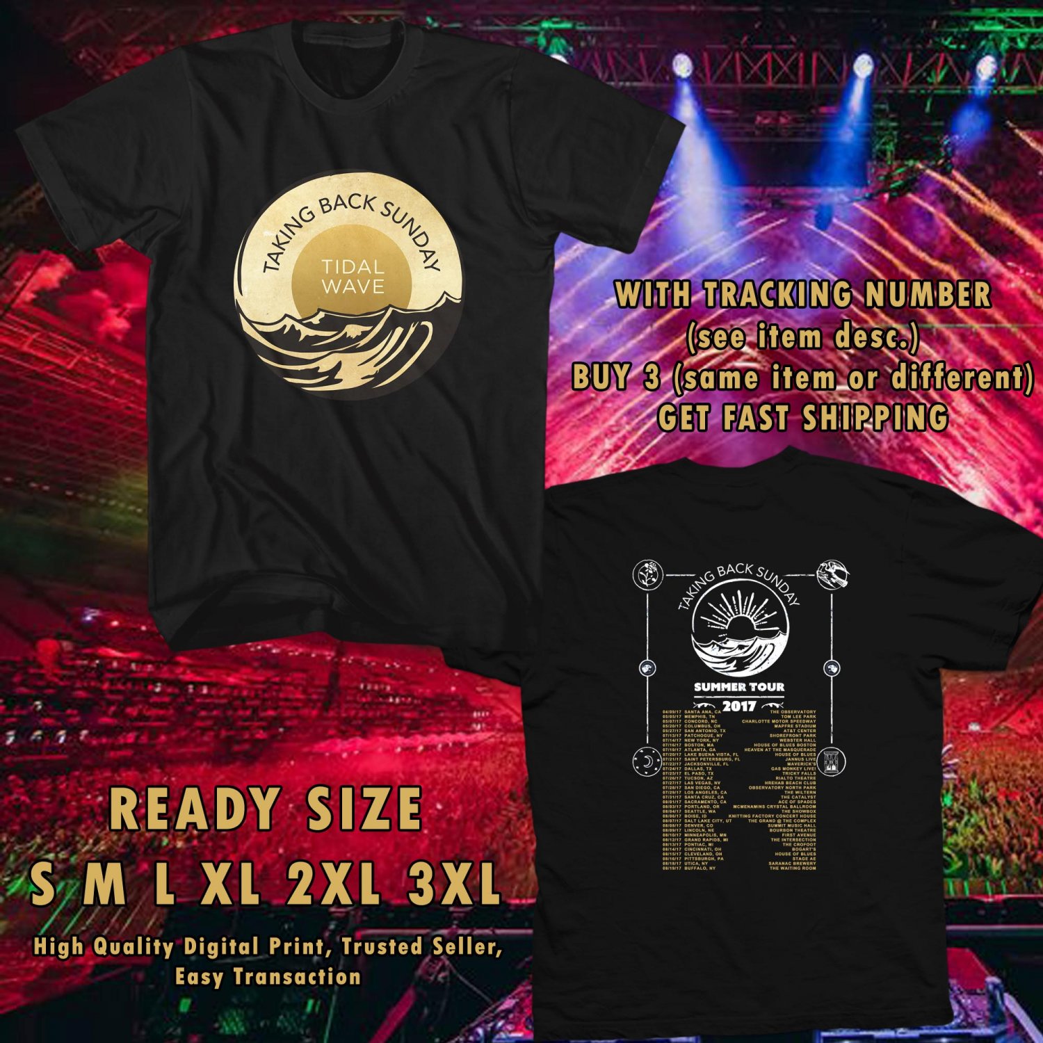 NEW TAKING BACK SUNDAY SUMMER TOUR 2017 black TEE W DATES DMTR
