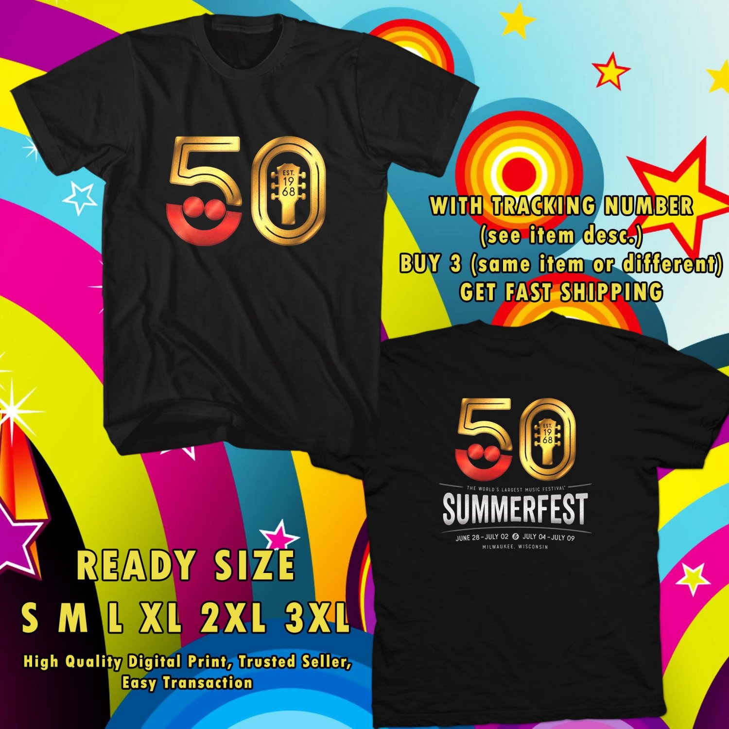 NEW summer festival 50th LARGET WORLDS JUN 2017 black TEE W DATES DMTR