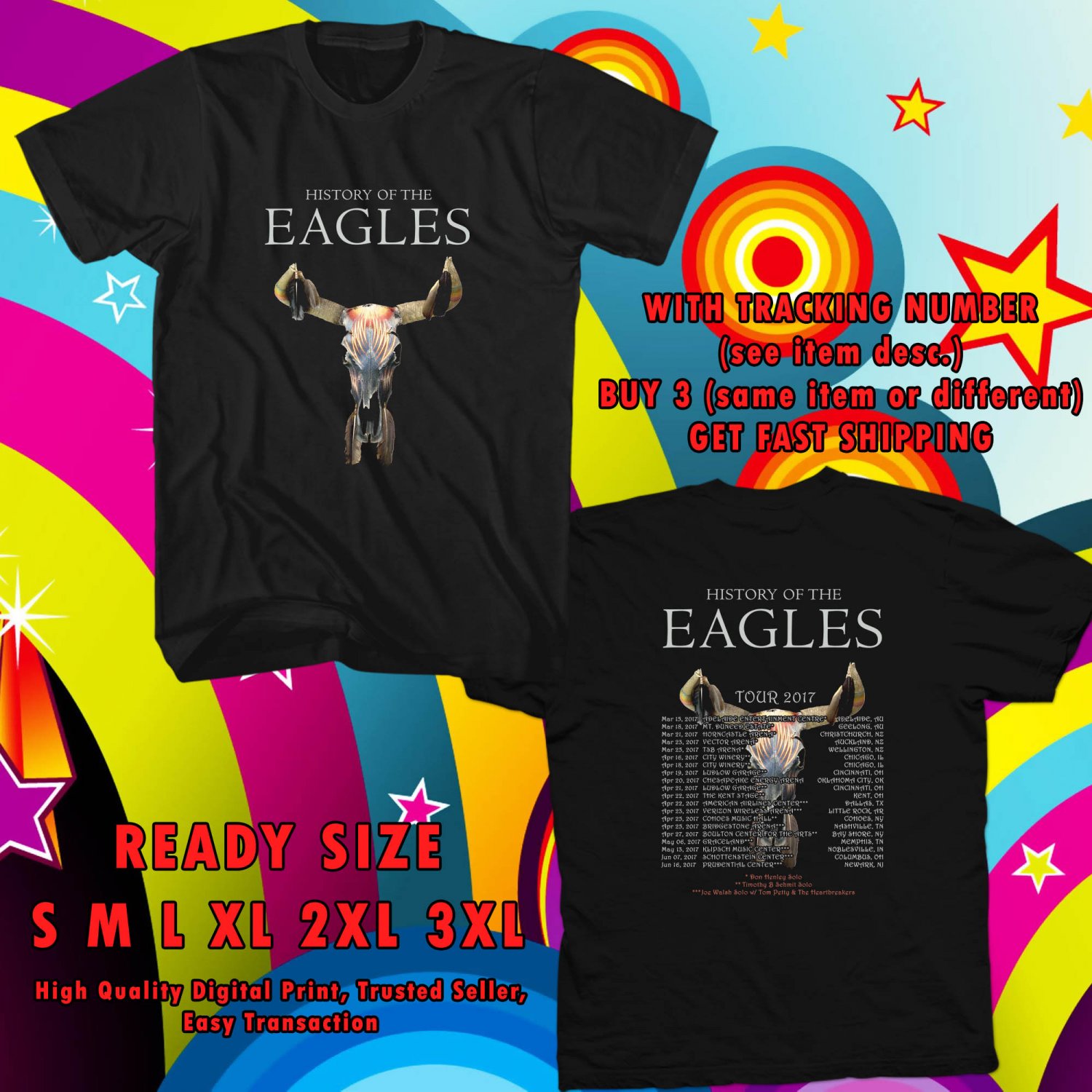 NEW EAGLES BAND FOR CREW TOUR 2017 black TEE W DATES DMTR